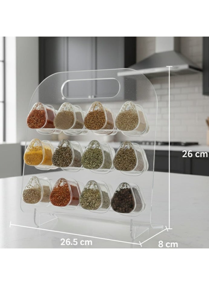 Spaceshoop Modern 12 Jar Clear Acrylic Spice Rack Organizer Portable Standing Countertop Holder with Triangular Glass Jars and Integrated Carry Handle - Image 4